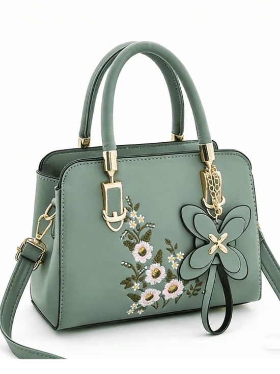 Port & Lotus Handbags - Green Floral Embroidered Satchel with Flower Charm NWOT